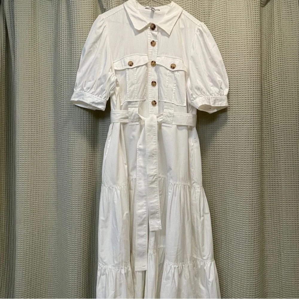 Derek Lam 10 Crosby White Utility Midi Dress - Size 14 Belted Puff Sleeve - Picture 2 of 5